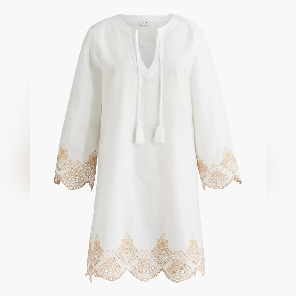 J. Crew White and Tan Embroidered Midi Dress